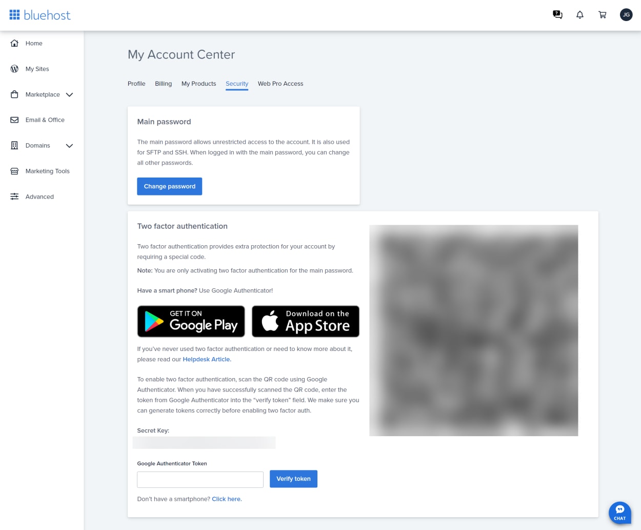 Bluehost account center security