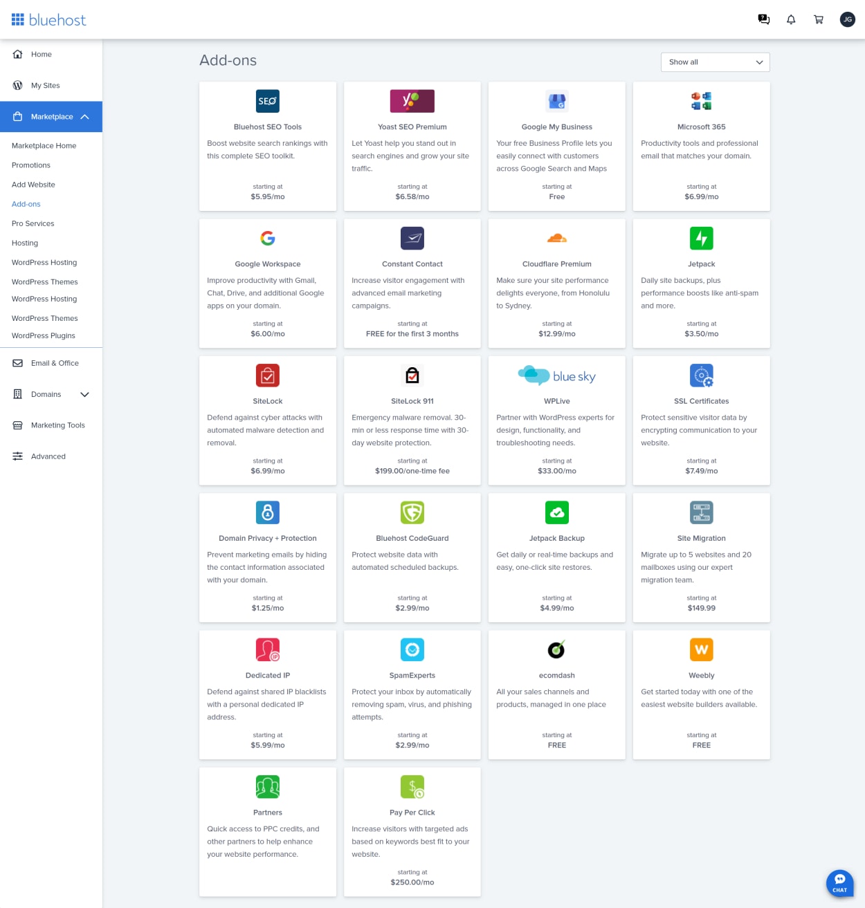 Bluehost client area marketplace add-ons
