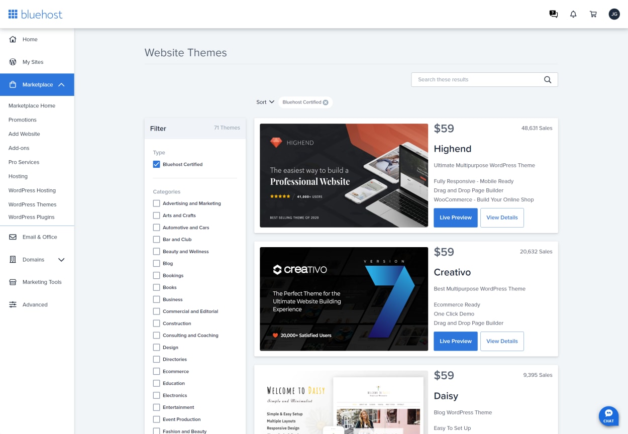 Bluehost client area marketplace WordPress themes