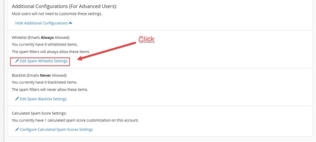Click the 'Edit Spam Whitelist Settings' Link.