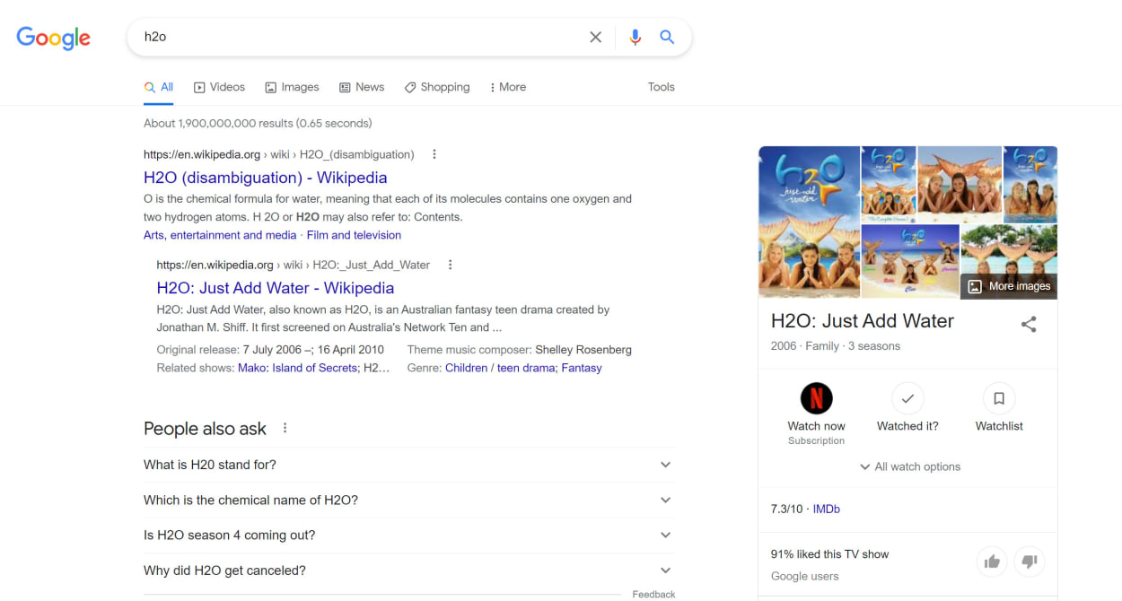 Google search for H2O