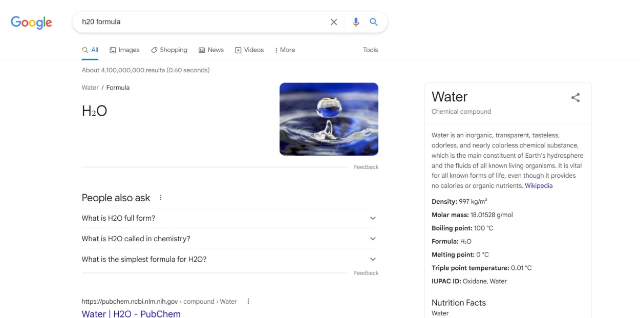 Google search for H2O Formula