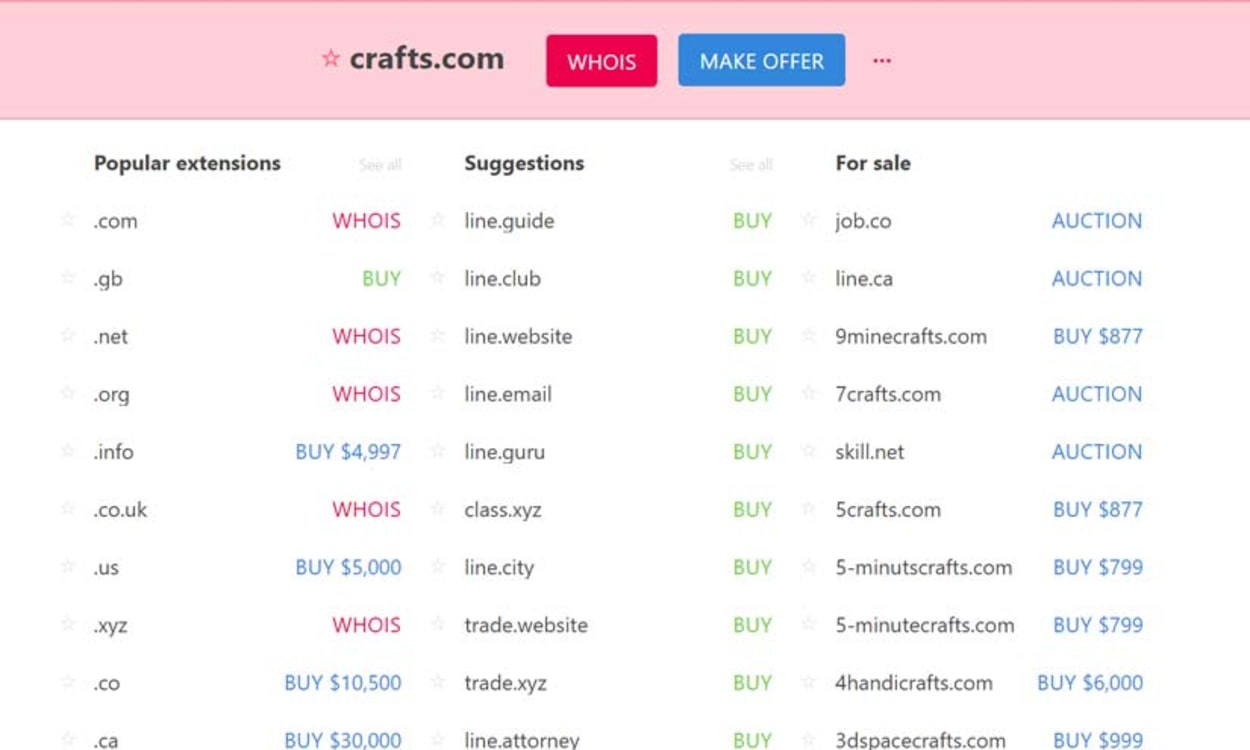 Instant Domain Search Example Search for 'Craft'.