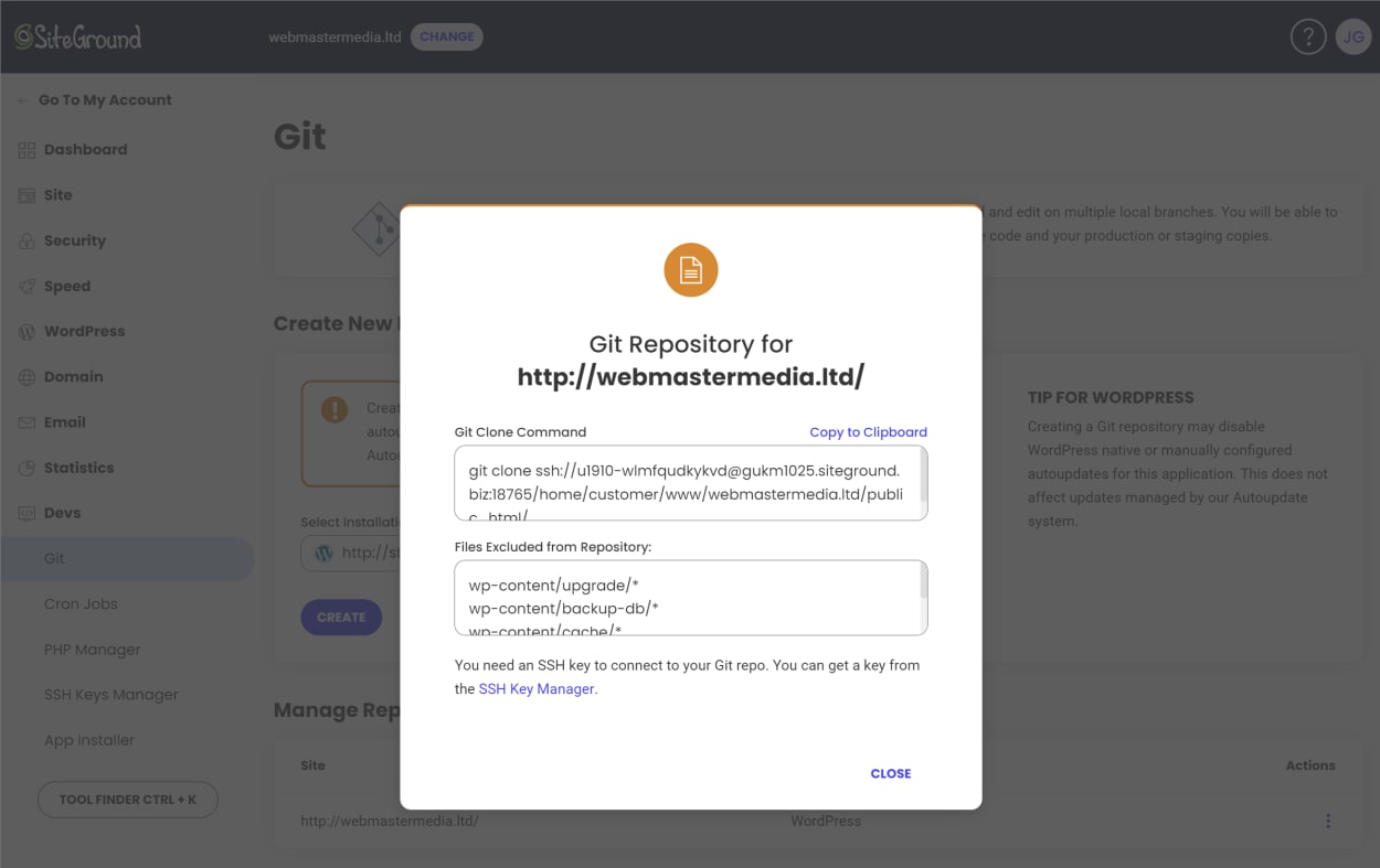 SiteGround Site Tools: Git Clone