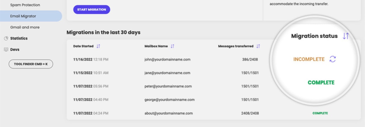 SiteGround Site Tools: Email migrator history