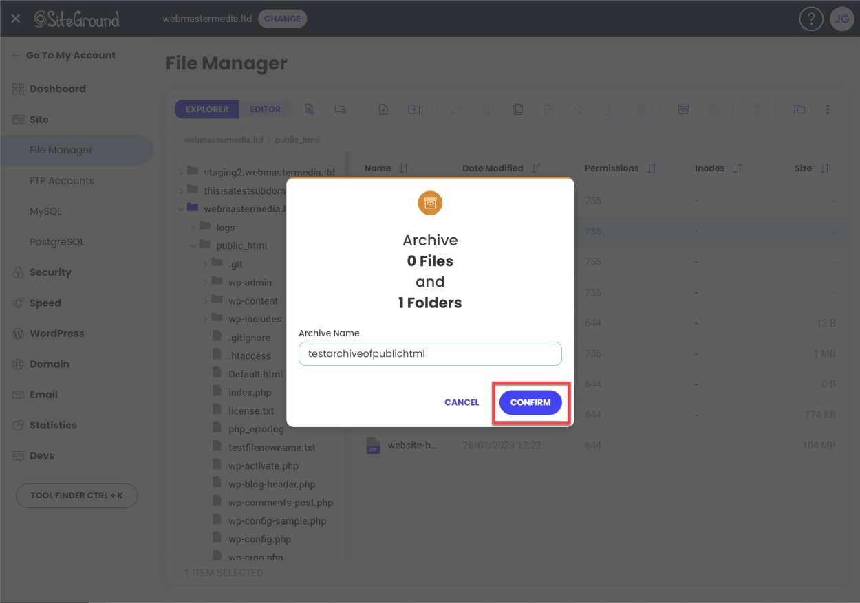 SiteGround File Manager: Archive file or folder - Select and confirm