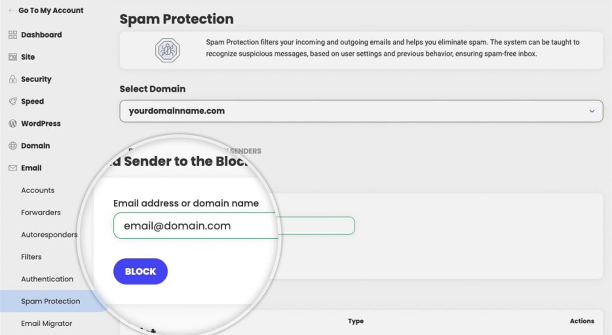  SiteGround Site Tools: Email Spam protection block list