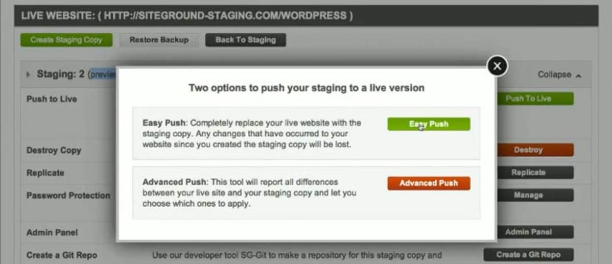 Staging push options.