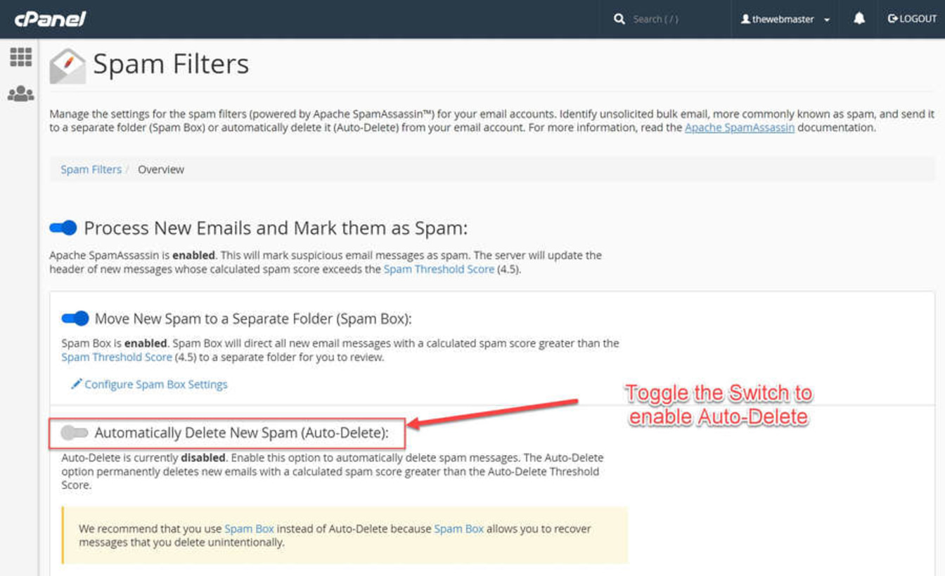 Toggle the 'Automatically Delete New Spam (Auto-Delete)' option.