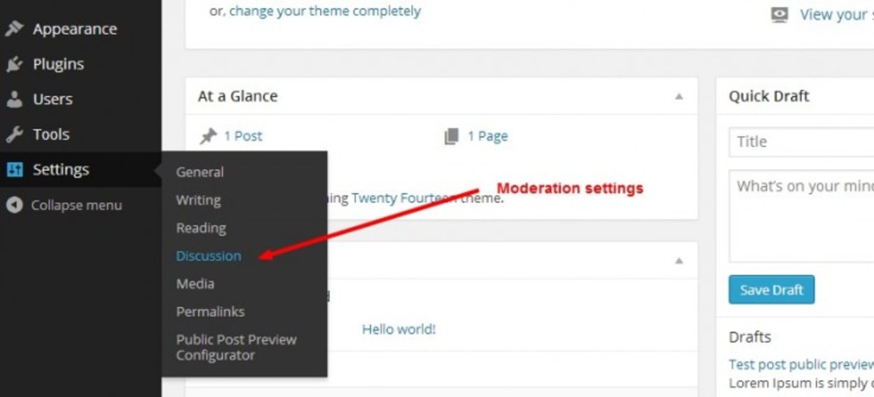 Wordpress discussion settings to reduce spam comments.