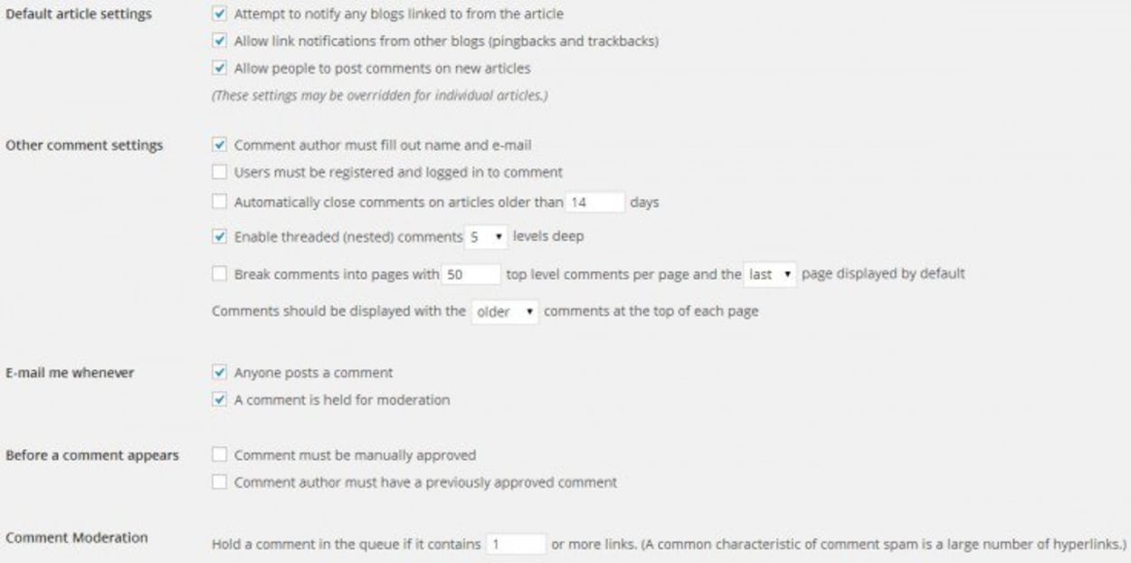 WordPress moderation settings for comment spam.