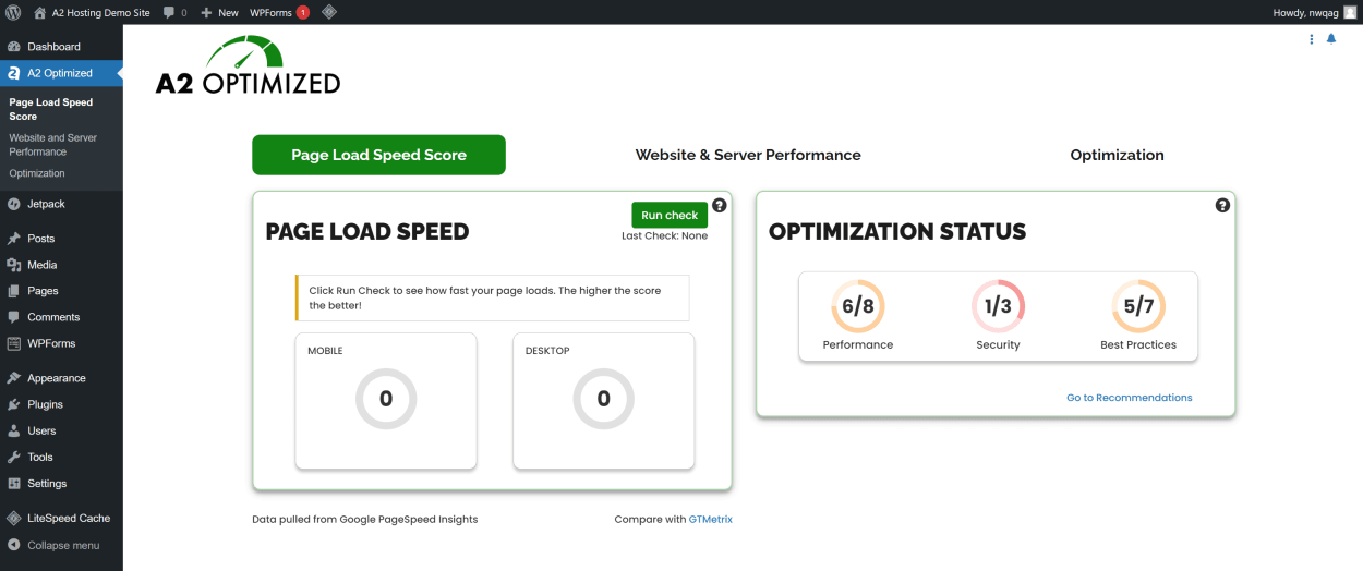A2 Optimized PageSpeed Insights