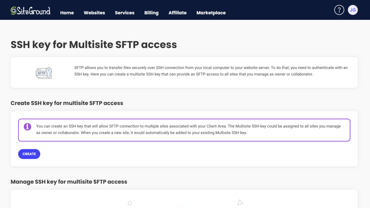 SiteGround Client area: Account Management Multisite SFTP Access