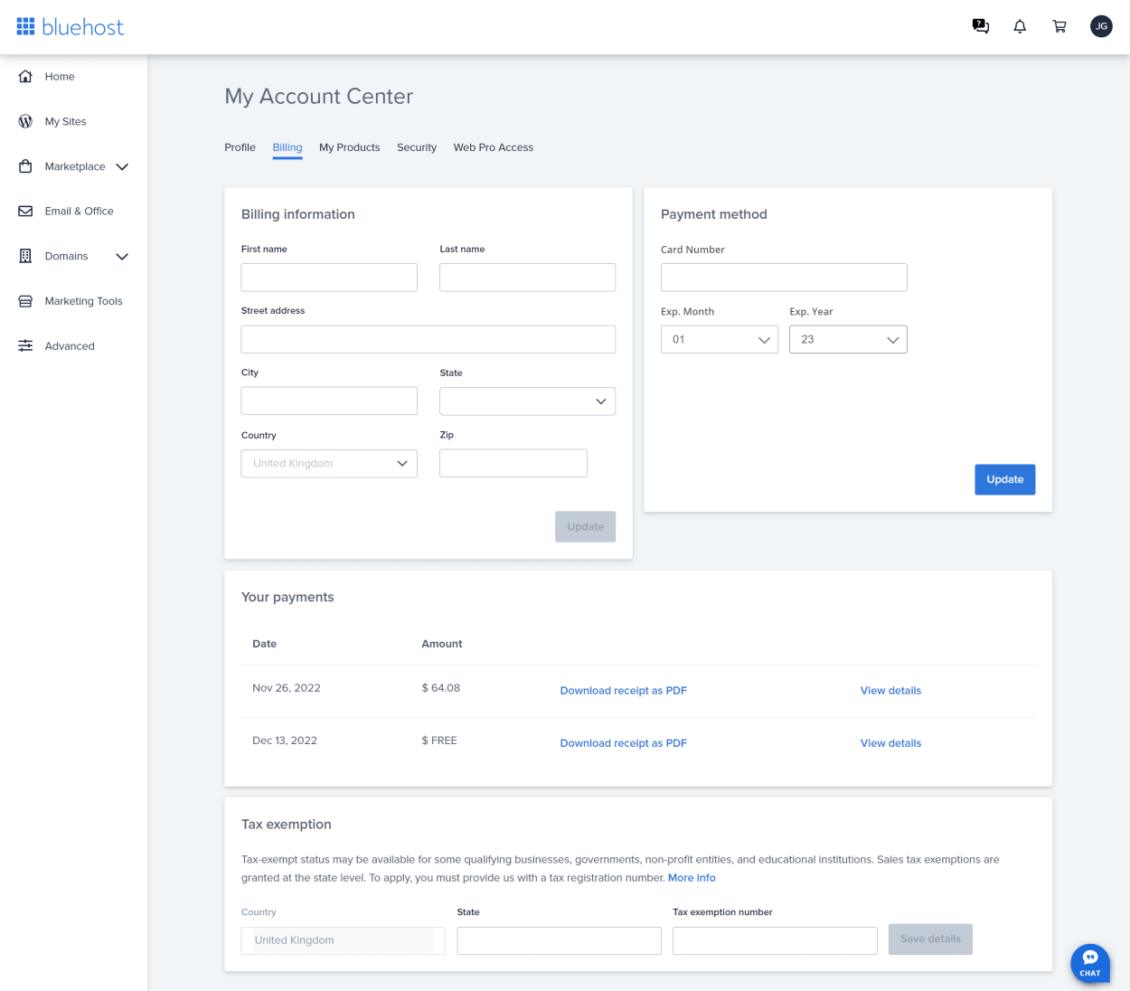 Bluehost account center billing