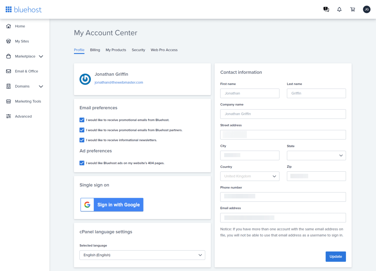 Bluehost account center profile - account information