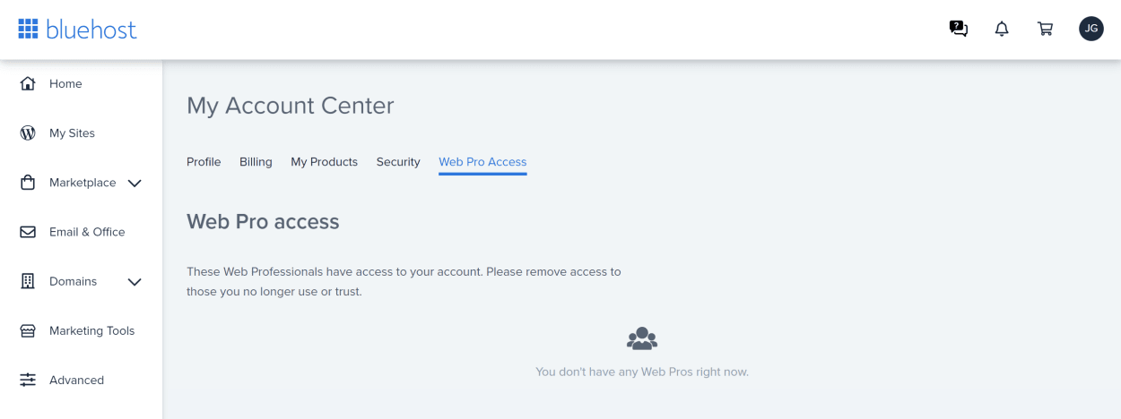 Bluehost account center web pro access