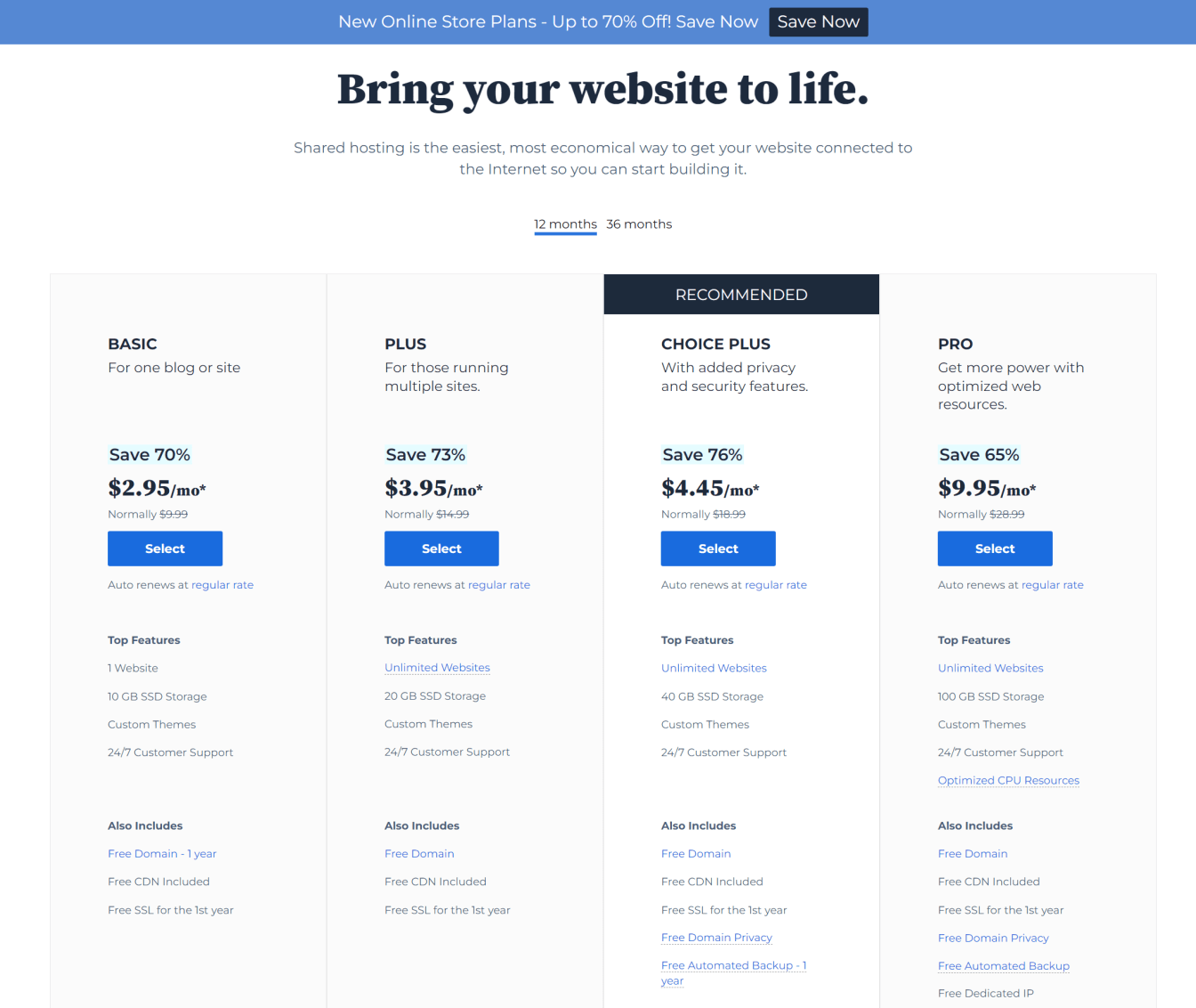 Choose your Bluehost billing period and plan.