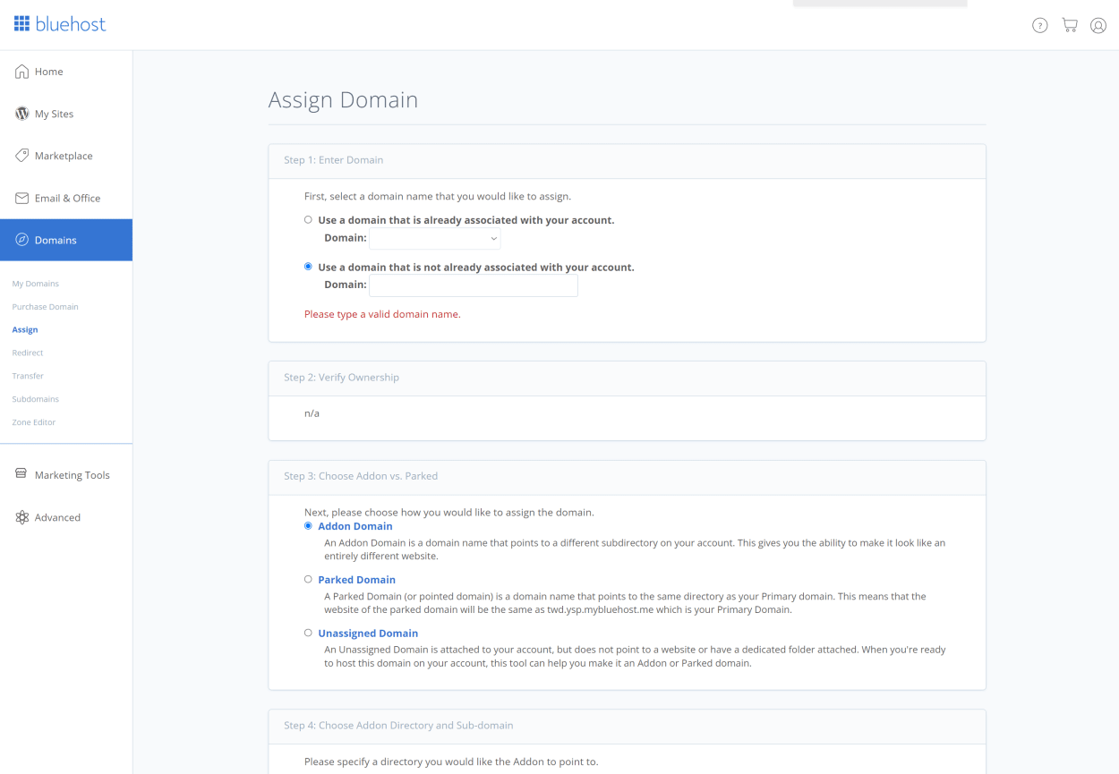 Bluehost client area: Assign Domain