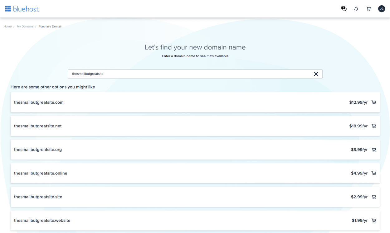 Bluehost client area: Purchase Domain