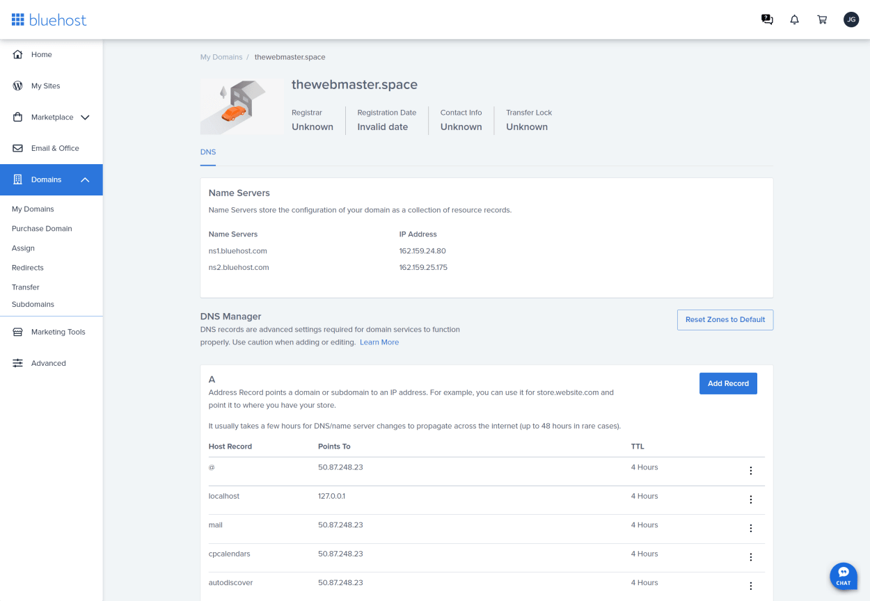 Bluehost client area: Manage Domain DNS