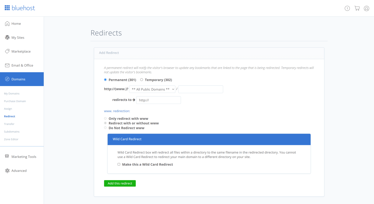 Bluehost client area: Redirect Domain