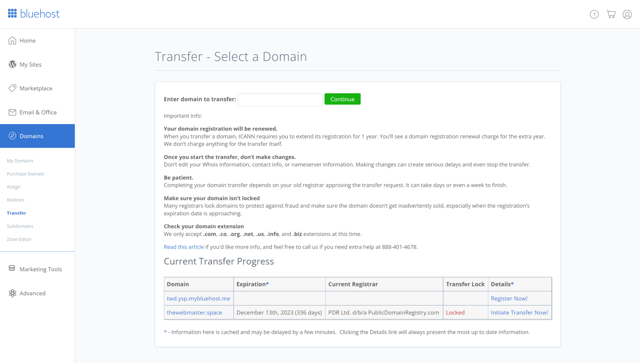 Bluehost client area: Transfer Domain