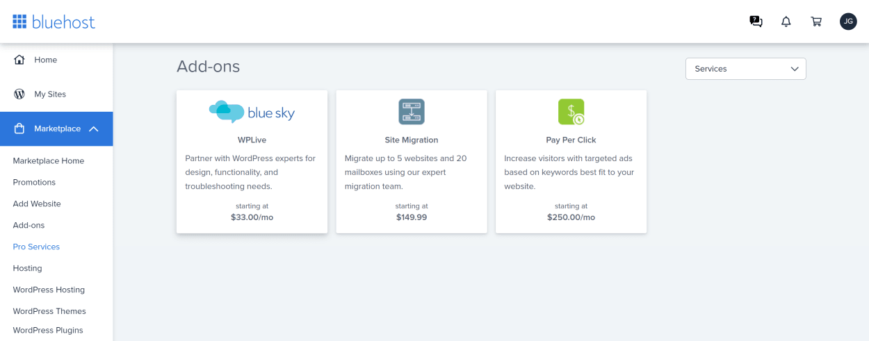 Bluehost client area marketplace pro services