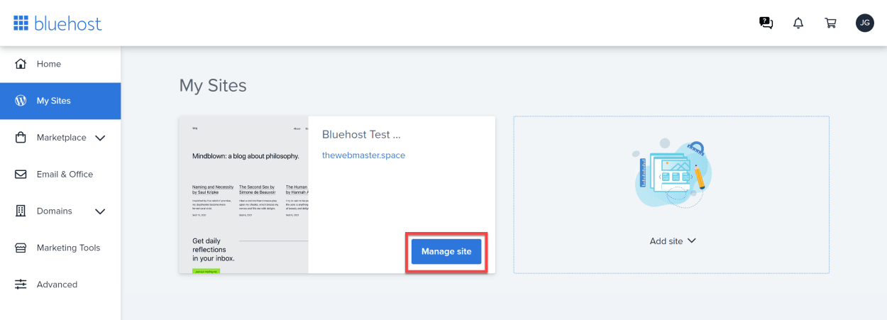 Bluehost client area my sites. Click Manage Site.