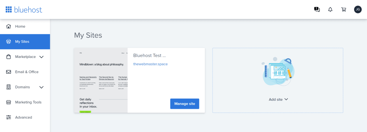 Bluehost client area my sites manage or add site
