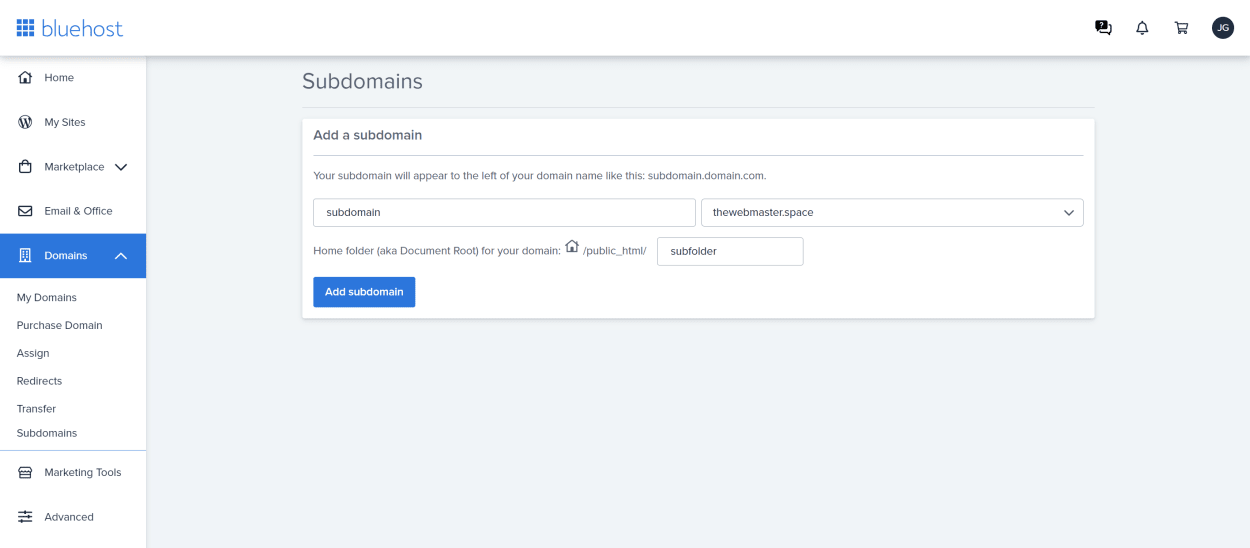 Bluehost client area: Subdomains