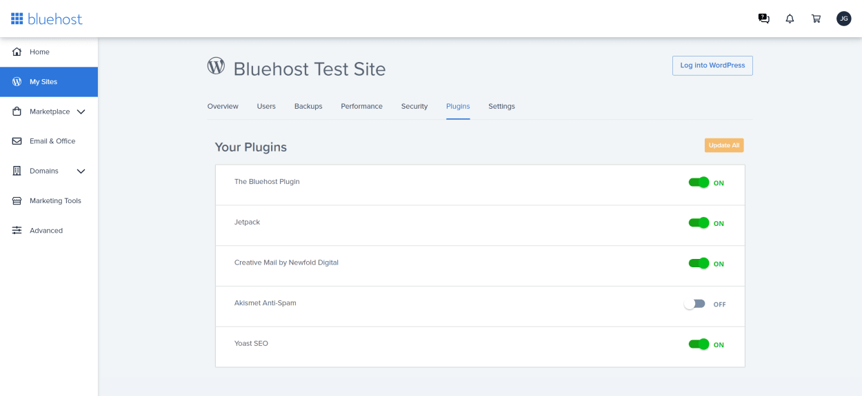 Bluehost client area my sites plugins