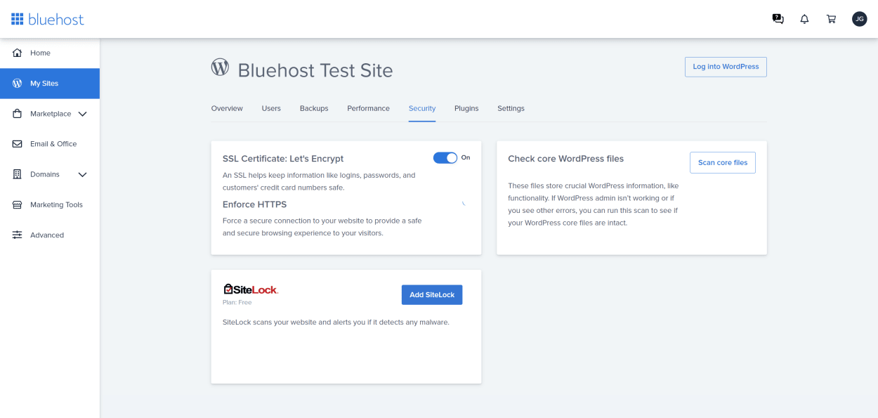 Bluehost client area my sites security