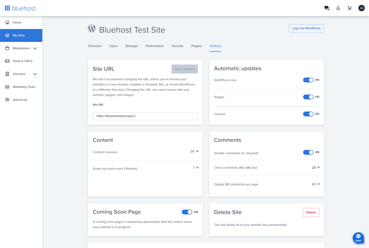 Bluehost client area my sites settings