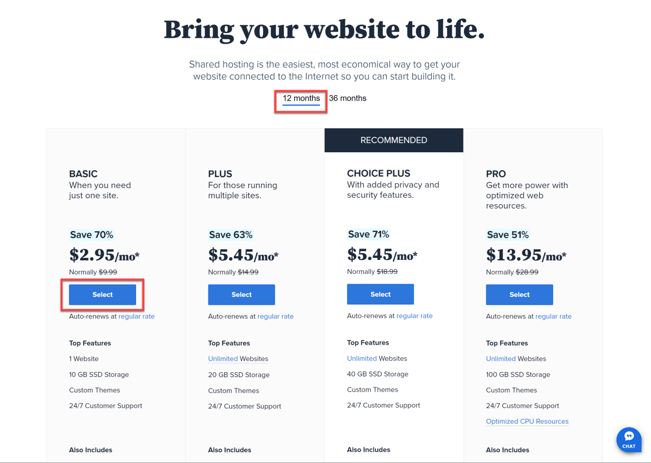 Choose your Bluehost billing period and plan.