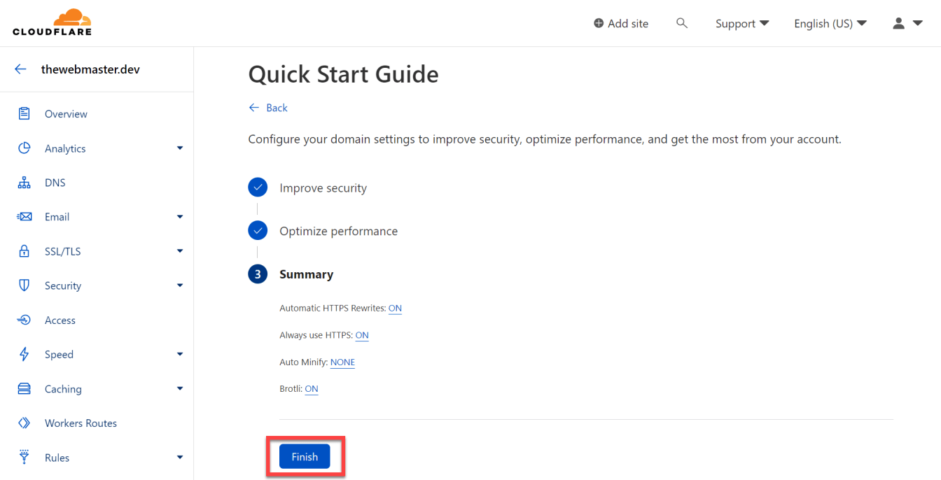Click 'Finish' to complete the Cloudflare Quick Start Guide.