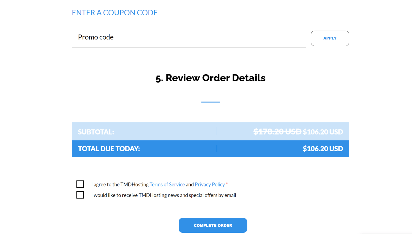 Enter your TMDHosting Promo Code (if any) & Checkout