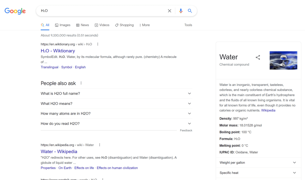 Google search for H2O in Unicode