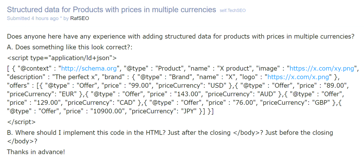 Product structured data with multiple currencies.