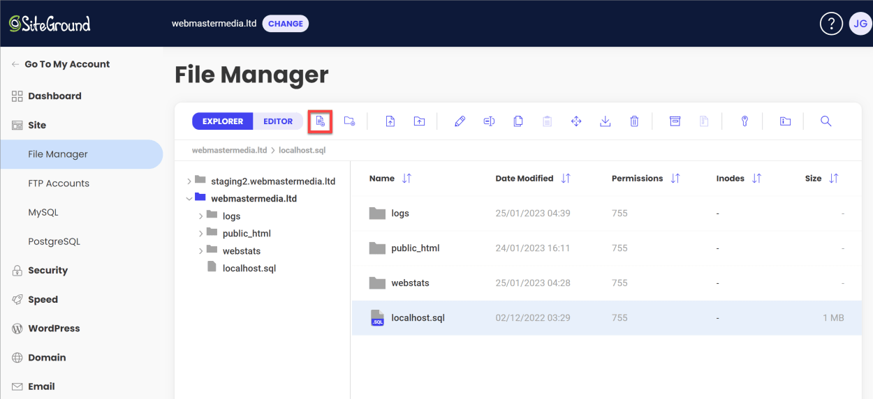 Create file button in SiteGround's File Manager