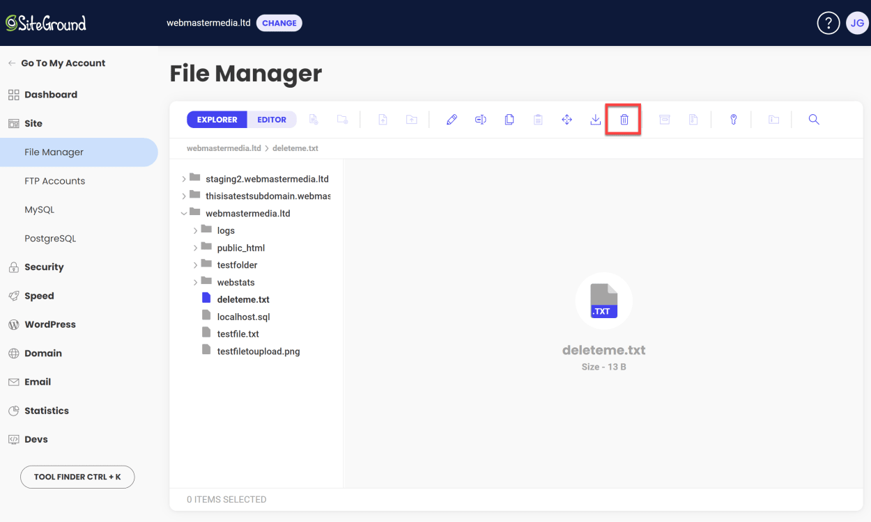 SiteGround File Manager: Delete file or folder