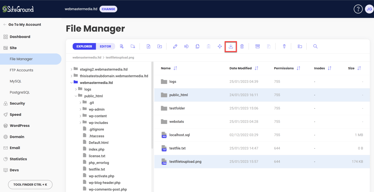SiteGround File Manager: Download file or folder