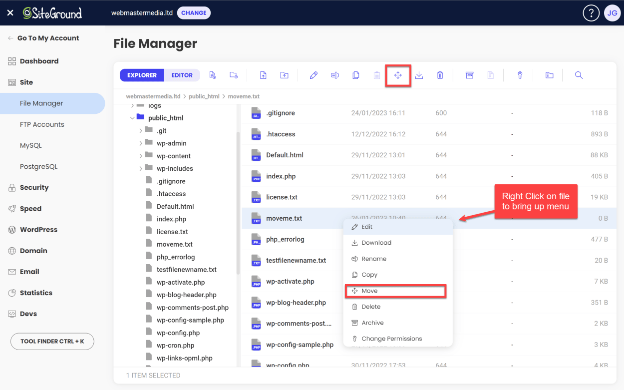 SiteGround File Manager: Move file or folder