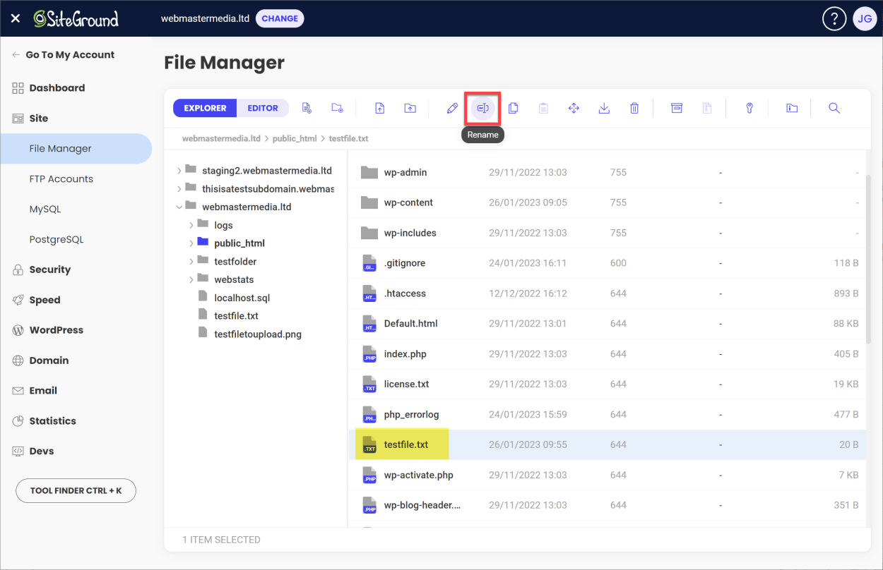 SiteGround File Manager: Rename file or folder