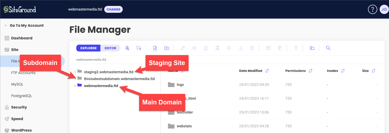 SiteGround File Manager Site locations