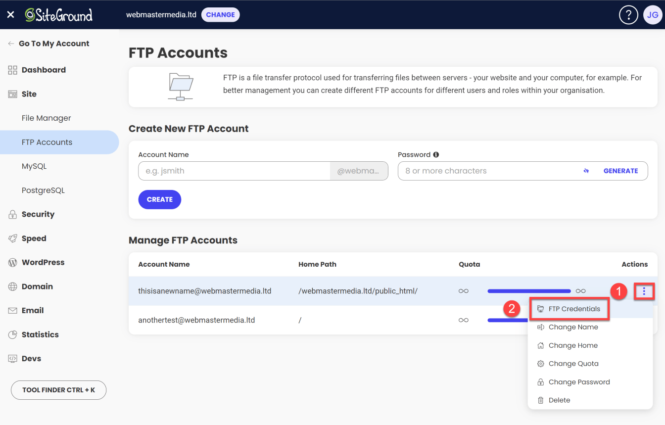 Click on the 'FTP Credentials' button next to the FTP account you wish to view the settings for.