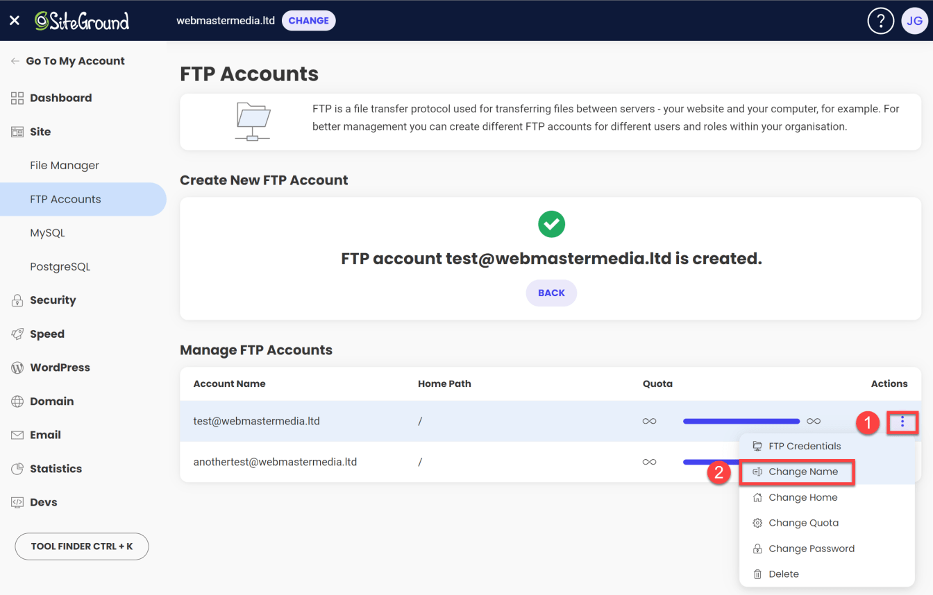 Click on the 'Change Name' button next to the FTP account you wish to change the name for.