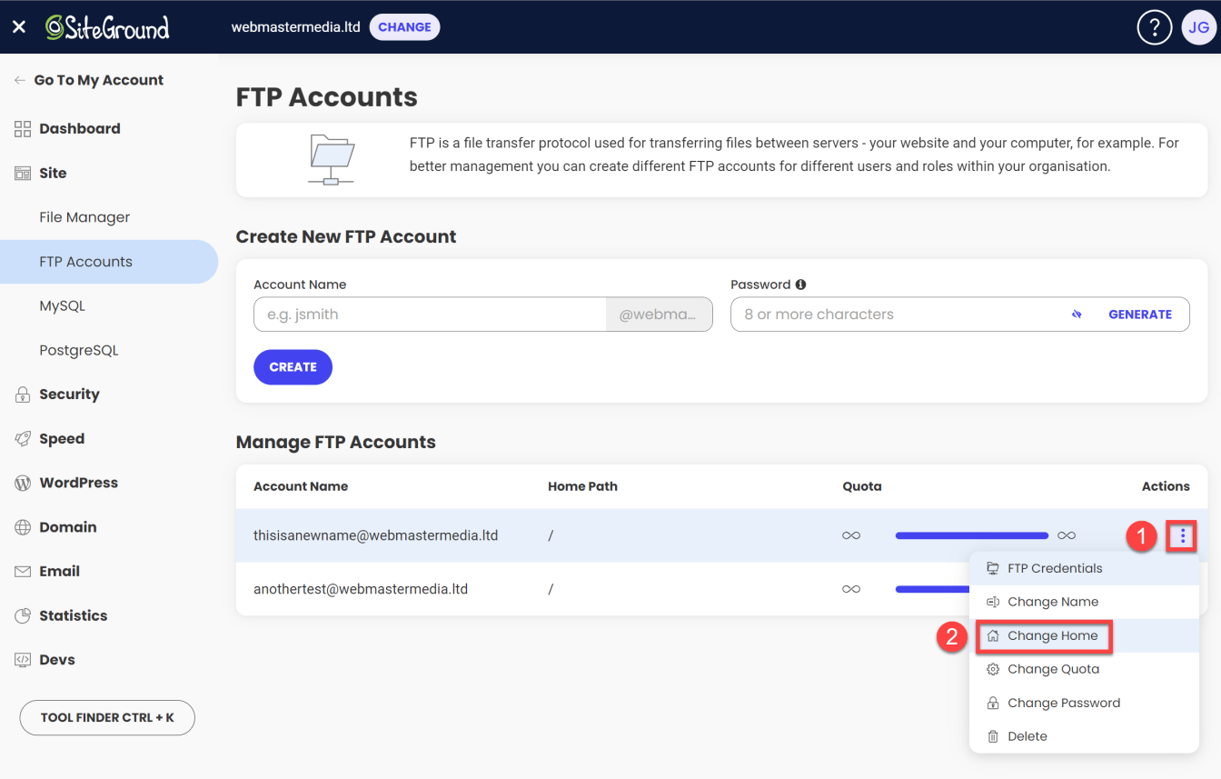 Click on the 'Change Home' button next to the FTP account you wish to change the home directory for.