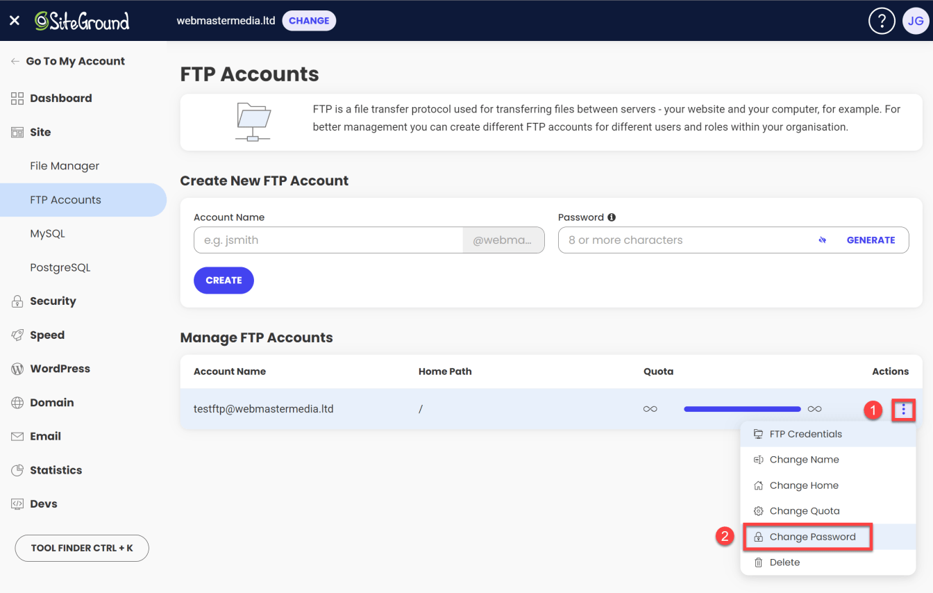 Click on the 'Change Password' button next to the FTP account you wish to change the password for.