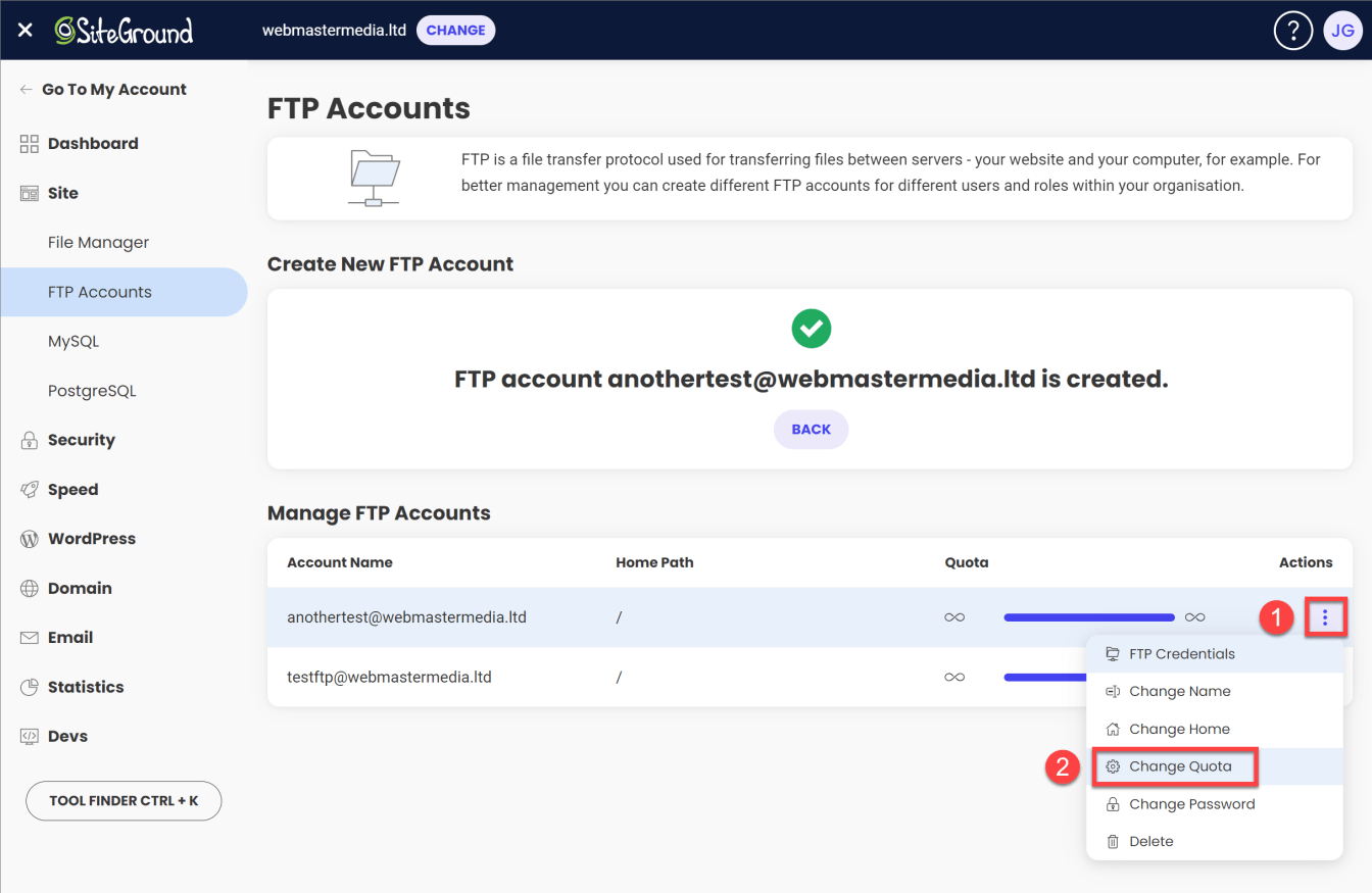 Click on the 'Change Quota' button next to the FTP account you wish to change the quota for.