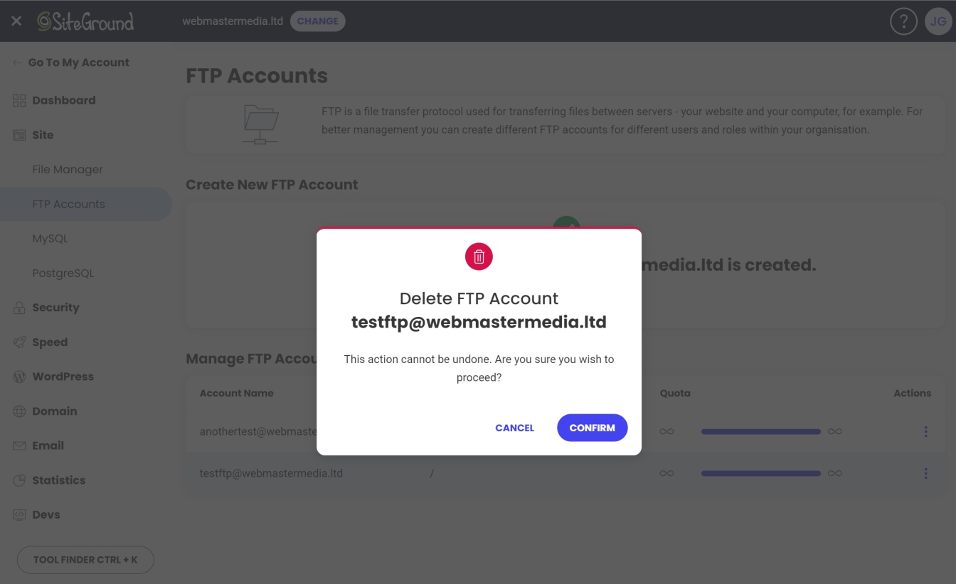 Confirm that you wish to delete the FTP account.